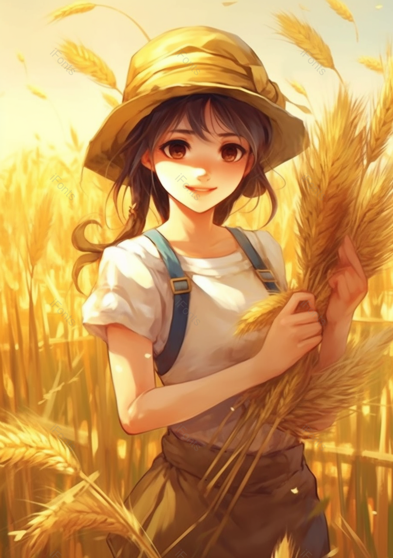 女孩手持麦穗收割收获麦子麦穗秋季丰收金色可爱清晰插画,插画/手绘图,插画/手绘图库,插画/手绘图下载,插画/手绘